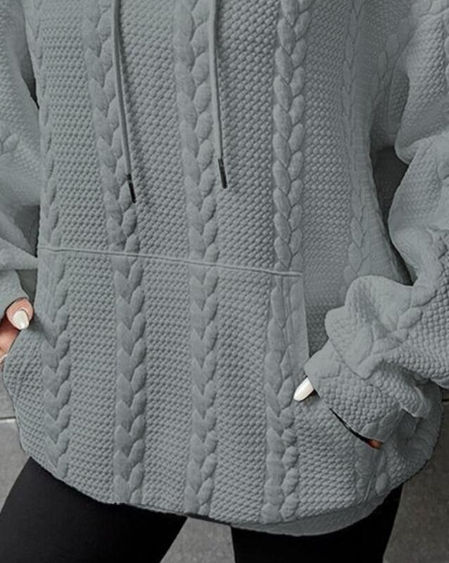 2023 jesień i zima nowy damski sweter moda codzienna wszechstronny projekt kieszonkowy sznurek z kapturem z teksturą pszenicy
