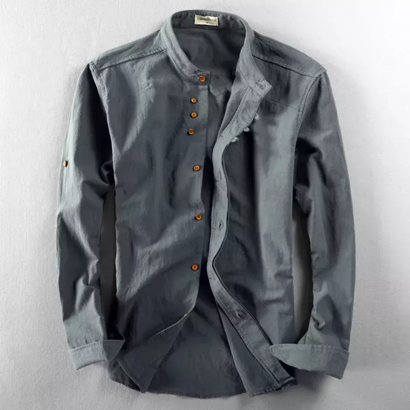 Camisa de algodón y lino de estilo japonés para hombre, camisa de manga larga con cuello levantado, ajustada, Color sólido, informal, transpirable, Tops clásicos