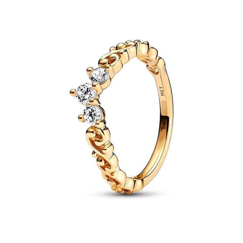 Anillo de plata 2024 chapado en oro de 18K para mujer, anillo de dedo de corazón brillante de doble banda, joyería fina, Pandora Original, 925