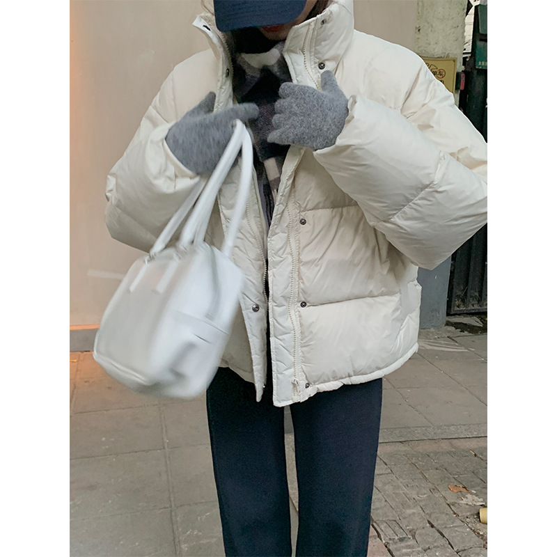 스탠드 칼라 루즈핏 긴 소매 겨울 다운 재킷 여성용, 두꺼운 화이트 오리털 코트, 카키 살구 외투, 90%