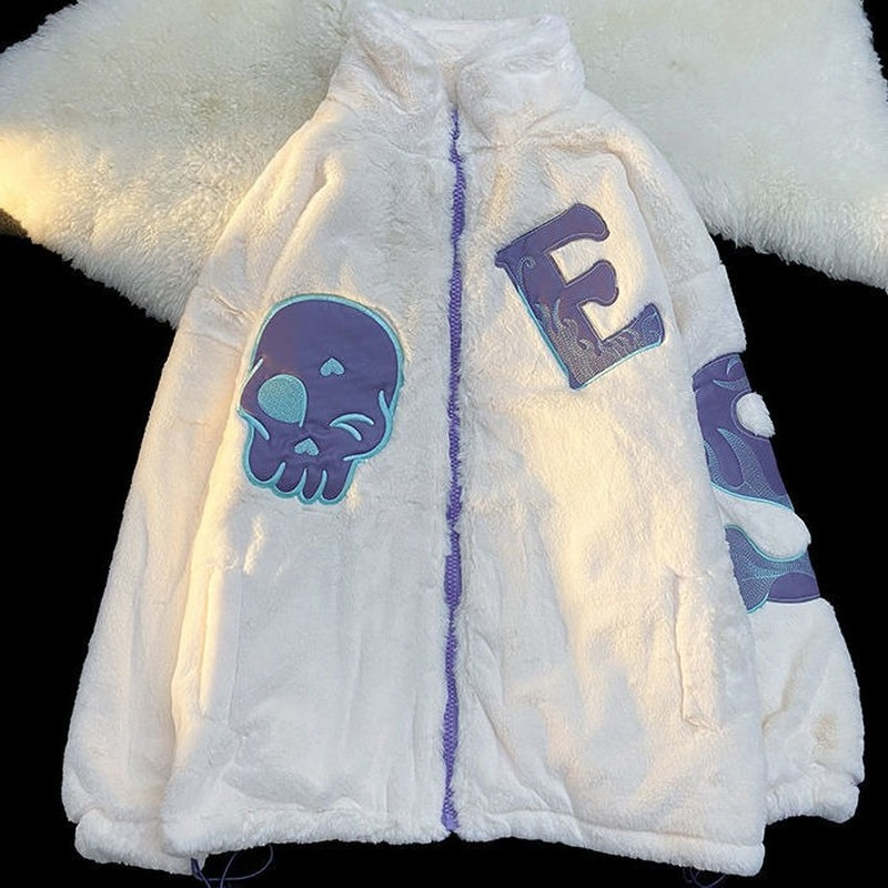 여성용 모조 토끼 모피 재킷, 자수 레터 지퍼 재킷, 루즈 스트리트 스타일 모피 Y2K 캐주얼 재킷, 겨울 2022 신상