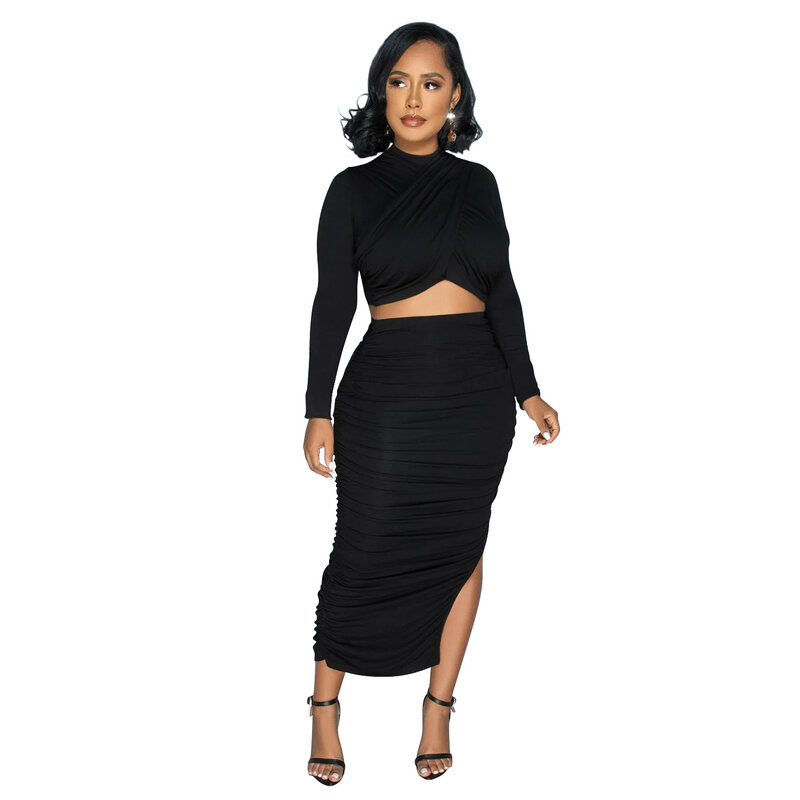 Fashion Women Solid Color Two-piece Set Pleated Round Neck Long-sleeved Skirt  Long Sleeves O Neck T Shirt and Split Skirt