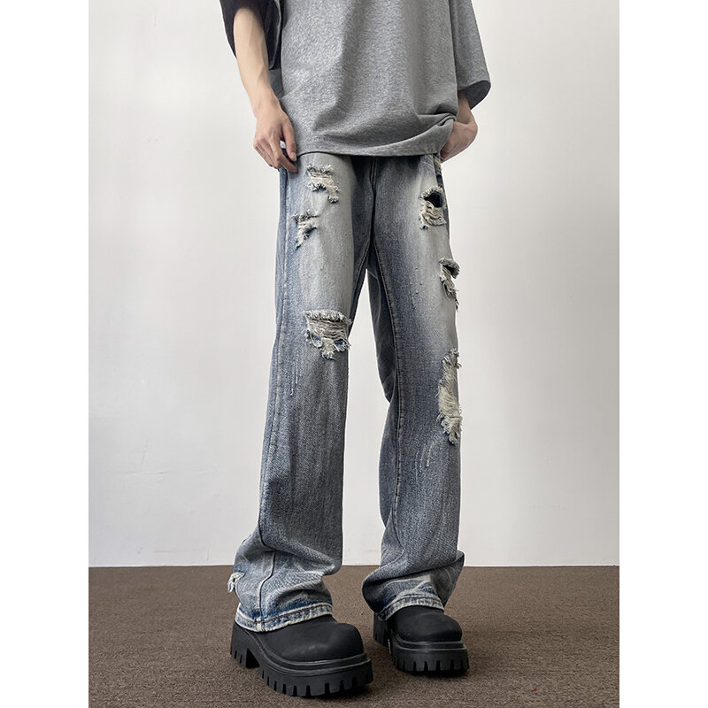 Ripped jeans Men's pants summer new straight-leg pants trendRipped jeans Men's pants summer new straight-leg pants trend