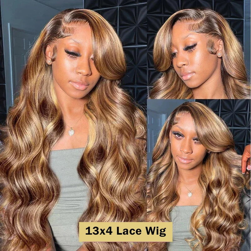 Perruque Lace Front Wig Body Wave Brésilienne Naturelle, Cheveux Humains, Brun, Blond Miel, Ombrés, 13x4, Transparent HD, à Reflets 427