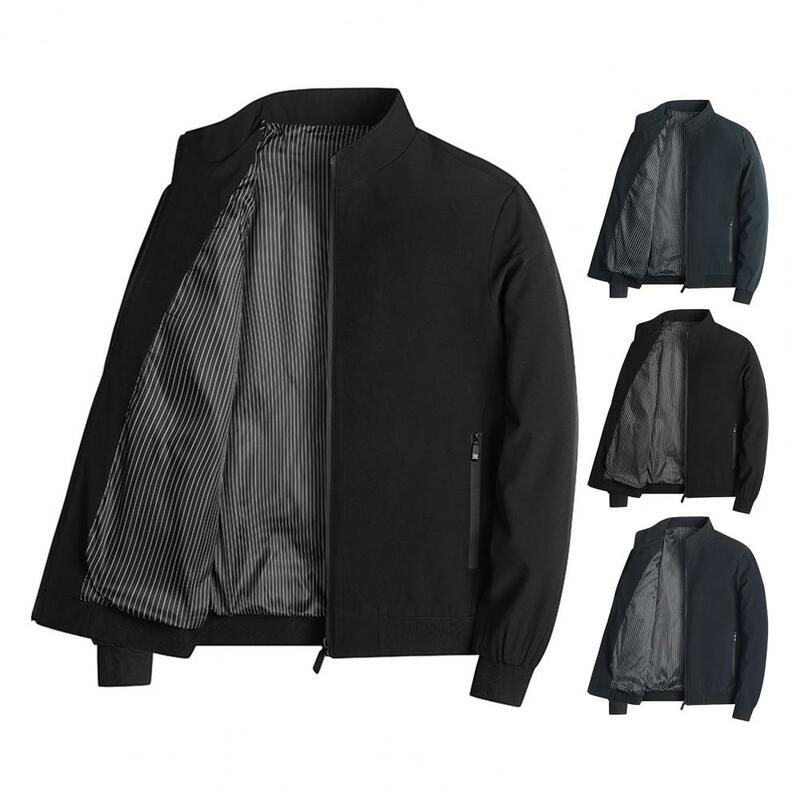 Winter Jacket Plus Size Men's Stand Collar Zip Up Jacket with Elastic Cuff Hem Zipper Pockets Solid Color Casual Coat for Long