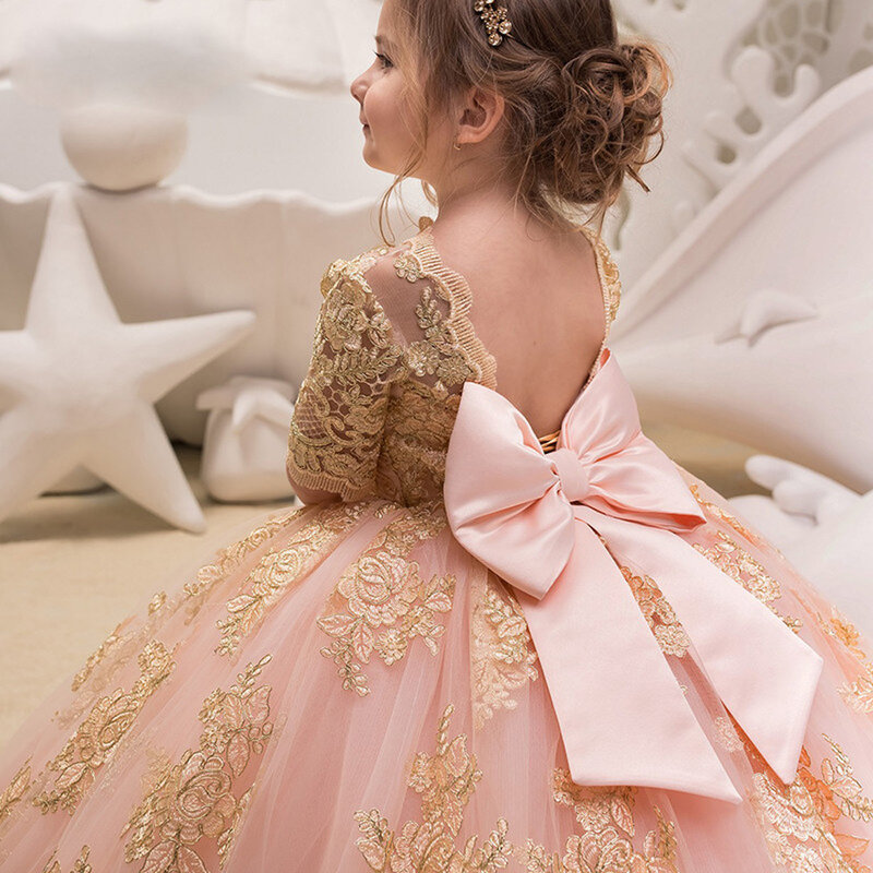 Children's Wedding Dress Girl's Mid Sleeve Lace Birthday Performance Host Pengpeng Princess Long Dress
