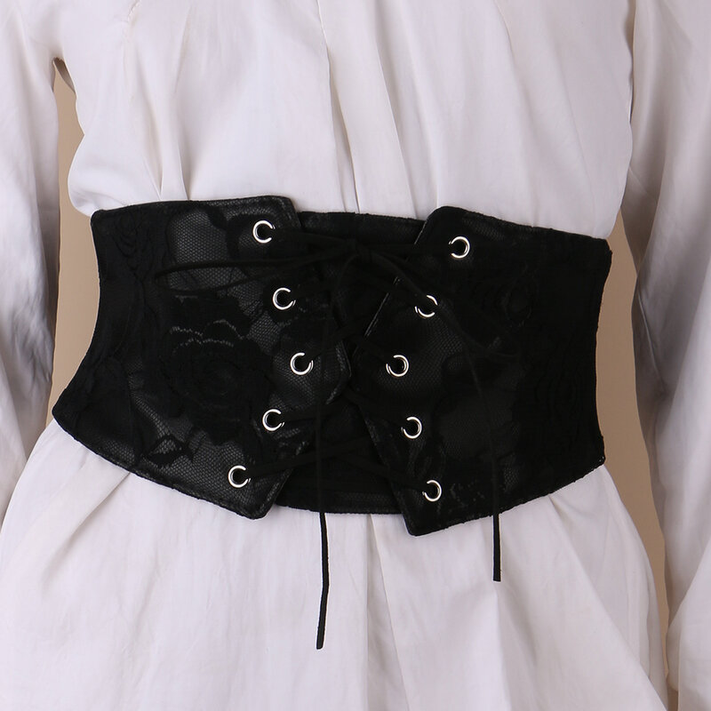 Korset hitam renda elastis wanita, ikat pinggang penyegel untuk pelangsing seksi pakaian luar pinggang tali ikat dekorasi