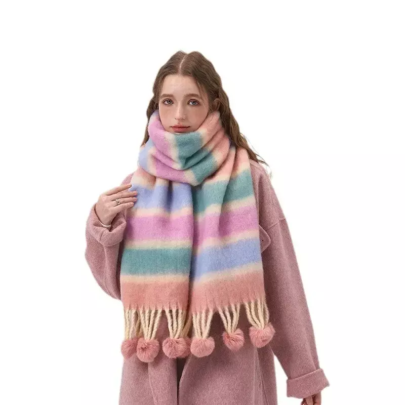 2023 Plaid Scarf For Women Winter Warm Fur Ball Scarf Warm Long Tassel Bandana Foulard Female Scarves Tassel Shawl And Wrap