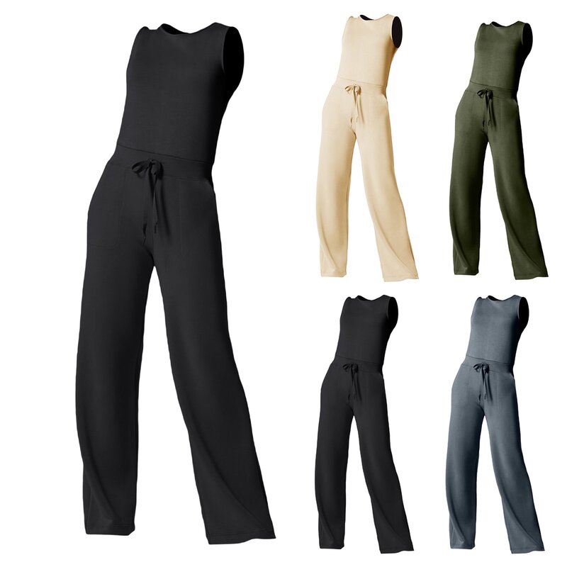 Mono holgado de lino y algodón para mujer, ropa sin mangas de Color sólido, cómoda, con cintura elástica, para oficina, 2024