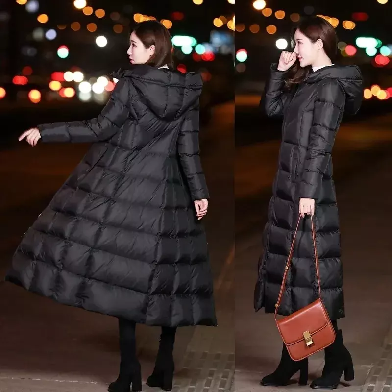 Mantel panjang Down katun wanita, jaket parka hitam hangat berkerudung bantalan katun tebal hangat musim dingin 2023