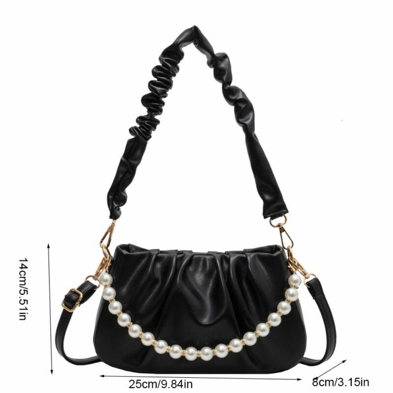 PU Leather Cloud Shoulder Bag Crossbody Bag Solid Color Pearl Chain Crossbody Bag Korean Style Messenger Bag Pleated Handbag