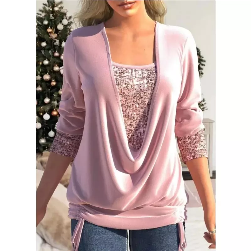 Sequin Blouse Women Top Luxurious Solid Color Square Neck Long Sleeve Tops Lady Elegant Spring Autumn Party Clothing