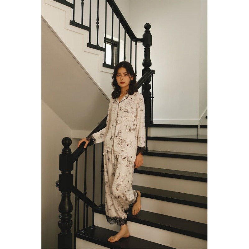 2023 Autumn Women's Satin Lapel Loungewear Lace Cuffs Long Sleeve Pajama Set Ink Rose Print Viscose Sexy Sleepwear 2 Piece Sets