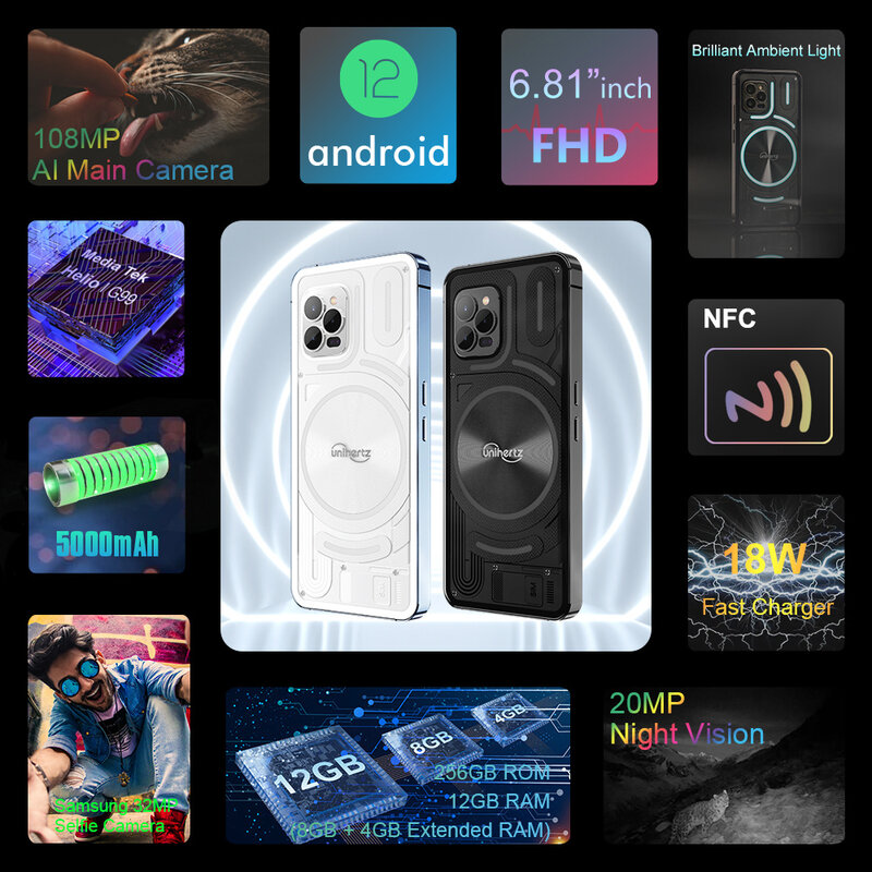 Unihertz Luna Smartphone Android 12 Rhythm Ambient Light 8GB 256GB 108MP G99 Mobile Phone Night Vision Cellphones
