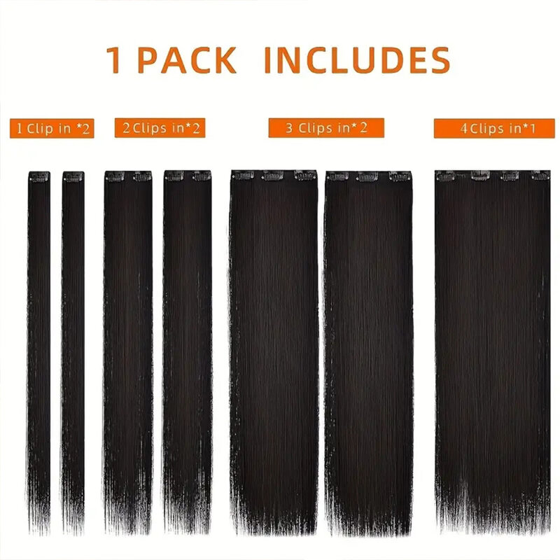 Longas extensões de cabelo reto, penteado sintético, loiro, preto, resistente ao calor, cabelo falso, 22 ", 7 pcs set, 16 clipes
