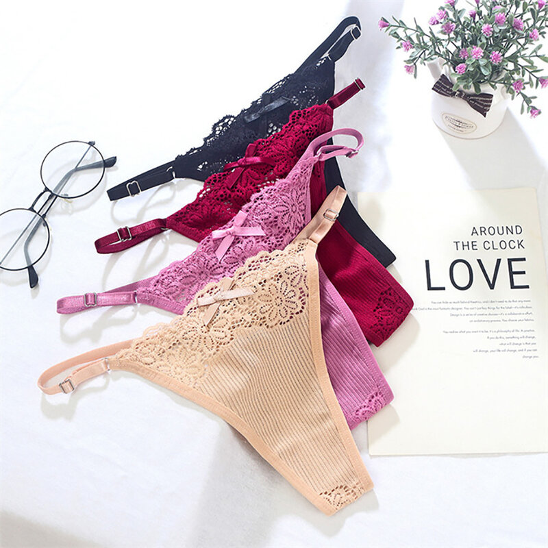 Breathable Hollow Bowknot Low-waist Underwear G-String Women Thong Lace Panties Sexy Briefs