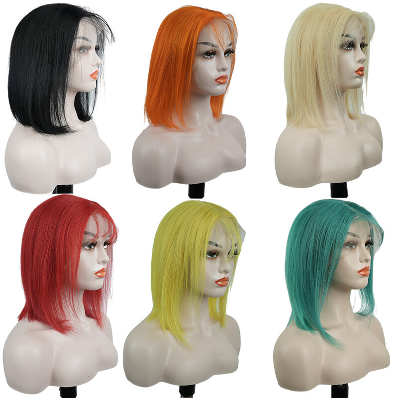 Peruca de renda frontal transparente para mulheres, peruca curta Bob Remy sem cola, peruca natural reta 150% de densidade 13x4