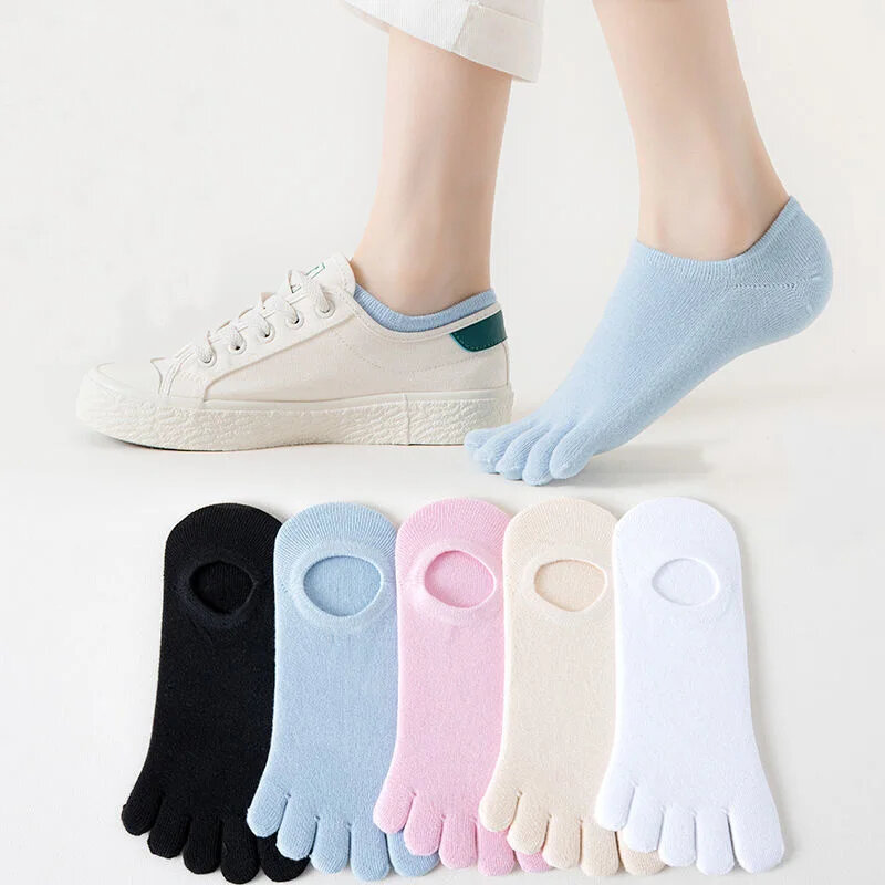 5 Pairs Summer Invisible Toe Socks Woman Girl Cotton Thin Solid Soft Shallow Mouth Breathable Deodorant No Show 5 Finger Socks