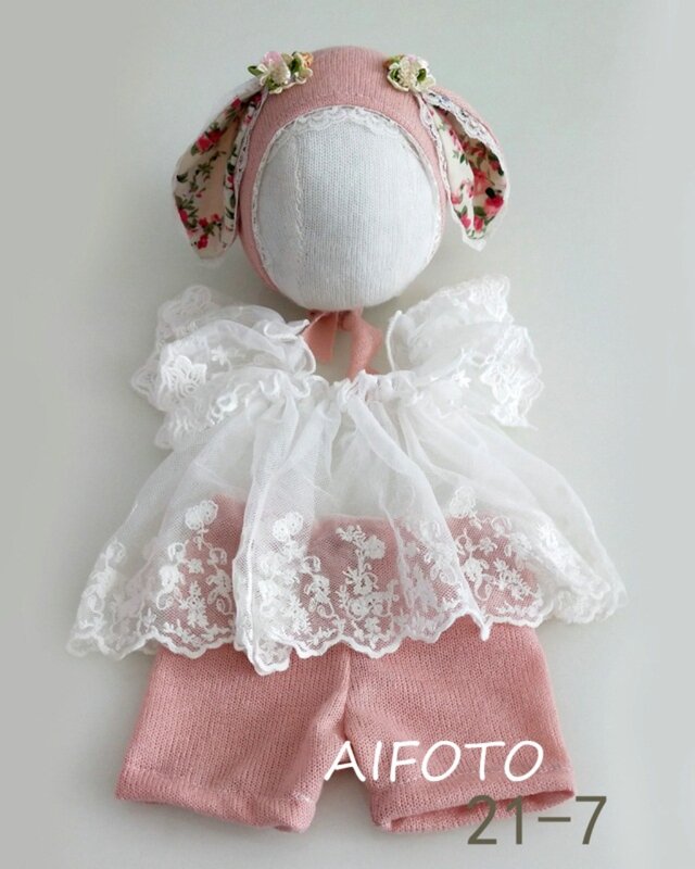 Abbigliamento fotografico neonato cappello orecchio di coniglio + Top in pizzo + pantaloni 3 pz/set Studio neonata puntelli fotografici accessori vestiti abiti