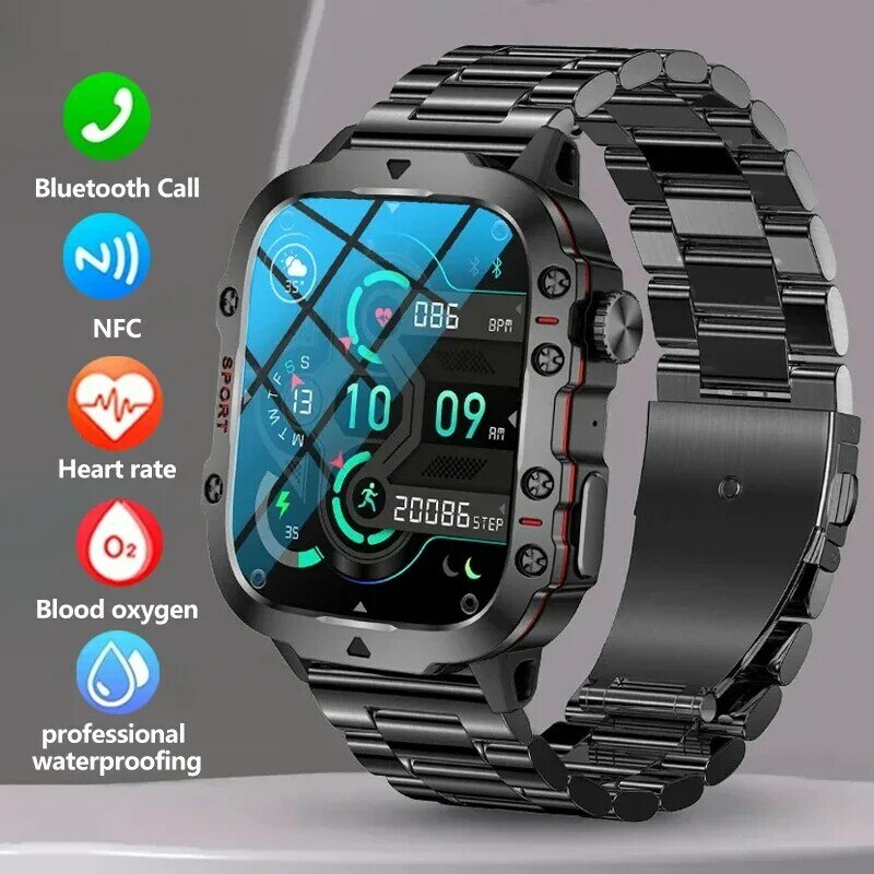 Relógio inteligente militar robusto para homens, AI Voice Bluetooth Call, monitoramento de saúde da freqüência cardíaca, IP68 impermeável, Smartwatch empresarial, 2024