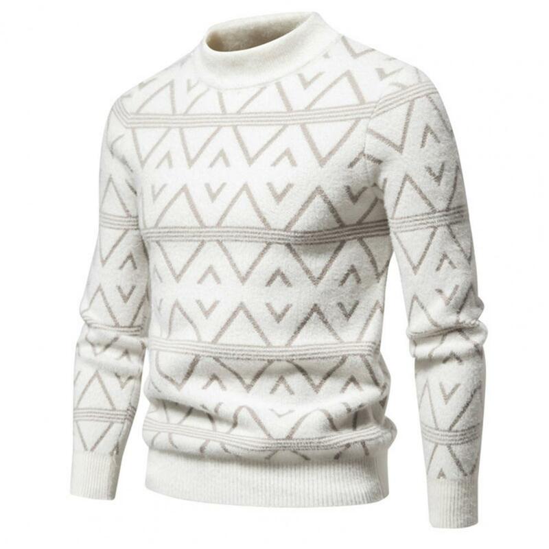Męski sweter z geometrycznym wzorem w geometryczny wzór męski sweter z dzianiny miękki ciepły sweter z okrągłym dekoltem na jesień zimę moda z okrągłym dekoltem