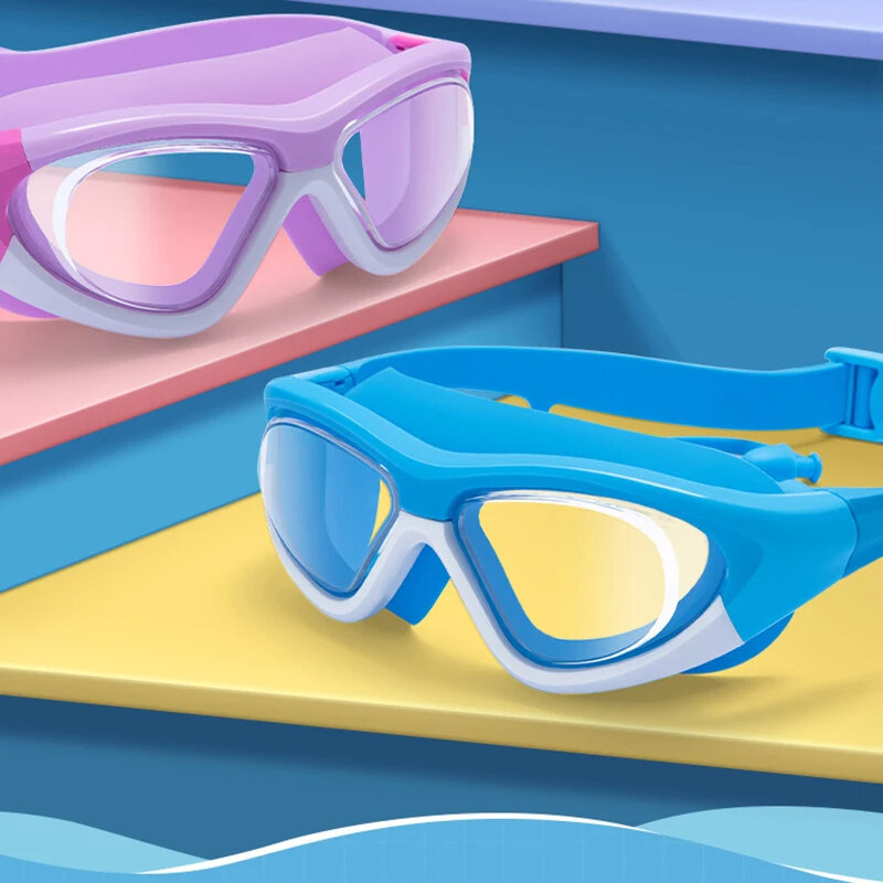 نظارات سباحة من السيليكون للأطفال مضادة للضباب ، مجموعة سدادة أذن ، عدسة عالية الدقة ، نظارات سباحة ، 4-15 سنة للأطفال في حمام السباحة ، 2 في 1