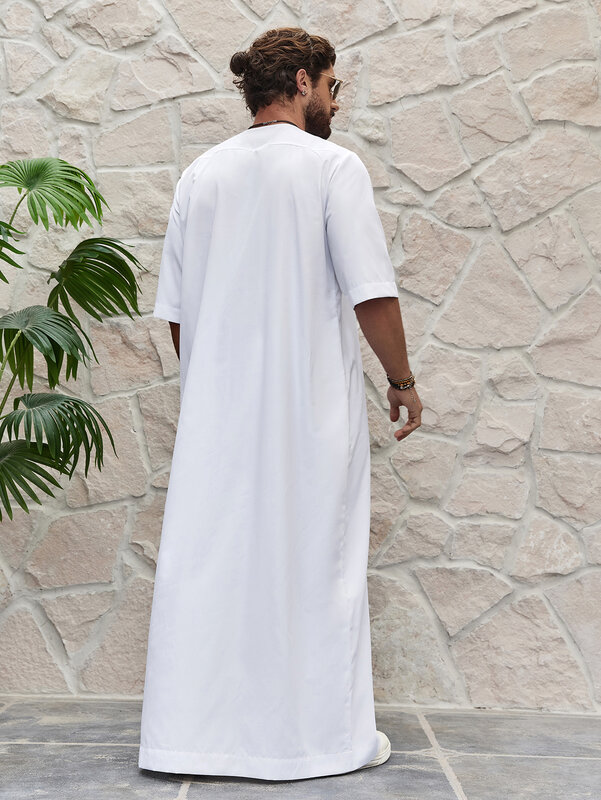 Homens com cores bloqueadas Thobe Tradicional, roupas masculinas muçulmanas, vestido longo, robe de camisa, moda do Oriente Médio, Islã Ramadã