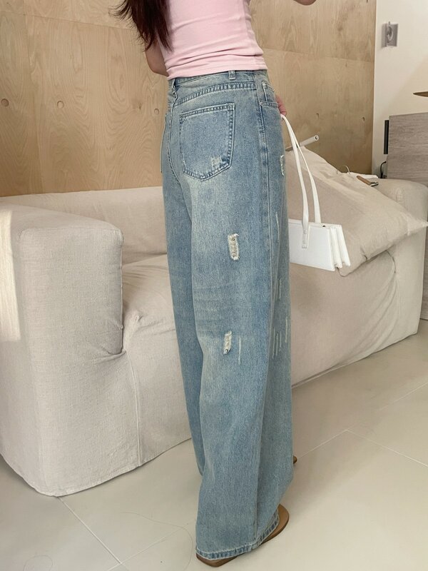 Новые рваные джинсы ZHISILAO, женские винтажные прямые широкие брюки с дырками, длинные джинсовые брюки, уличная одежда на лето 2024