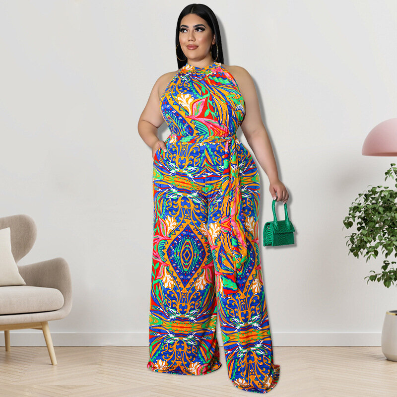 WUHE Plus Size kolorowy Patchwork kobiet kombinezon z szeroką nogawką elegancki bez rękawów luźny Romper 2023 strój na lato