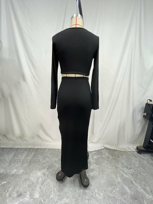 女性用SKMY-2-Pieceニットセット,伸縮性のある服,ロングスプリットスカート,長袖のクロップトップ,秋と冬,モノクロ,2024