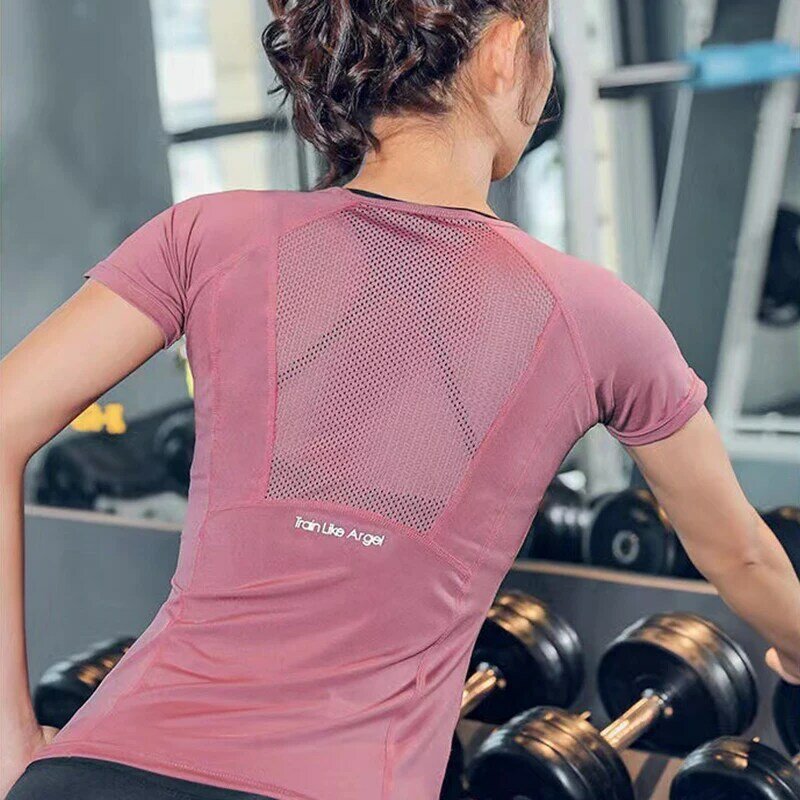 Mulheres verão t camisas ajuste fino para esportes de fitness yoga manga curta yoga superior malha das mulheres ginásio esporte wear workout topo