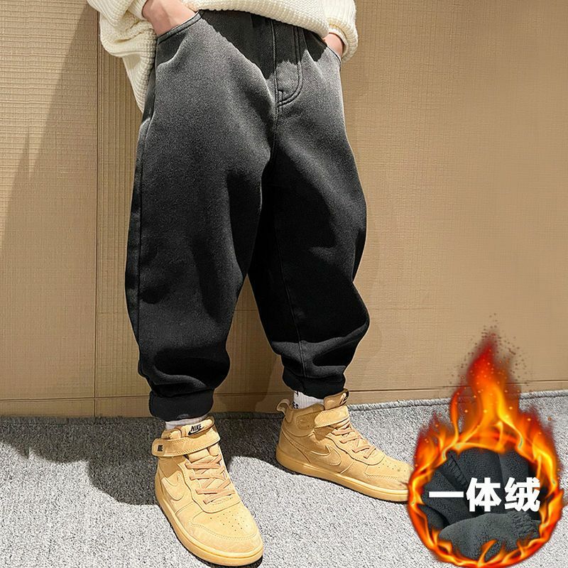 Осенне-зимние модели для мальчиков джинсы с флисовой подкладкой Новинка 2022 детские зимние утепленные цельные бархатные брюки для детей старшего возраста