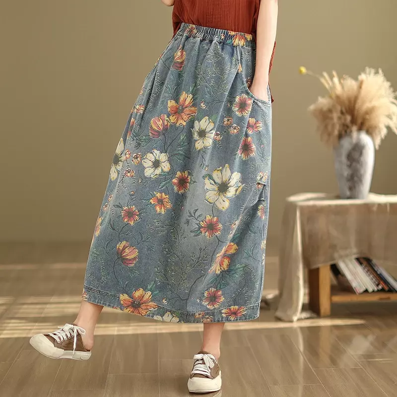 Женская джинсовая юбка с цветочным принтом, свободная повседневная хлопковая прямая юбка до щиколотки с эластичным поясом, весна-лето 2024
