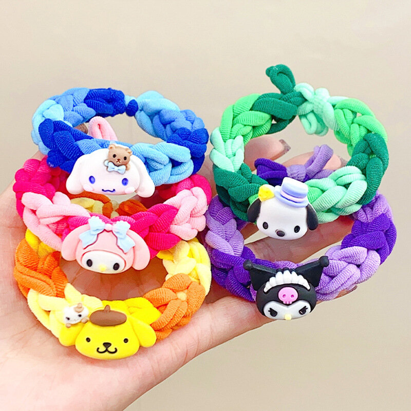 Mão trançada corda de cabelo para meninas, Hello Kitty Cartoon Headband, Anime Sanrio Cinnamoroll Colorido Acessórios para Cabelo, Kuromi