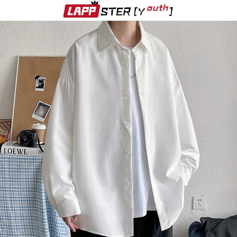 LAPPSTER-Juventude Coreano Moda Preto Camisas De Manga Longa 2023 Mens Harajuku Preto Camisa De Grandes Dimensões Botão Camisas Blusas 5XL