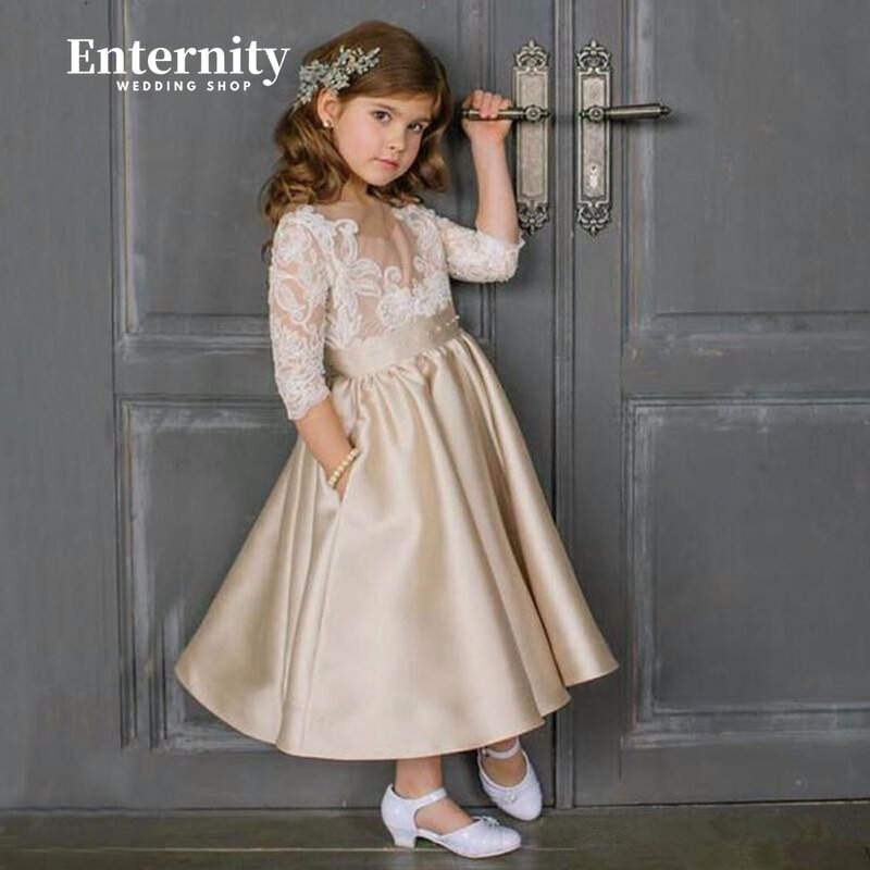 Princesse Enfant o-collo Flower Girl Dress manica lunga a-line Lace Appliques Ball-Gown caviglia-lunghezza Faddish Vestidos Para nias