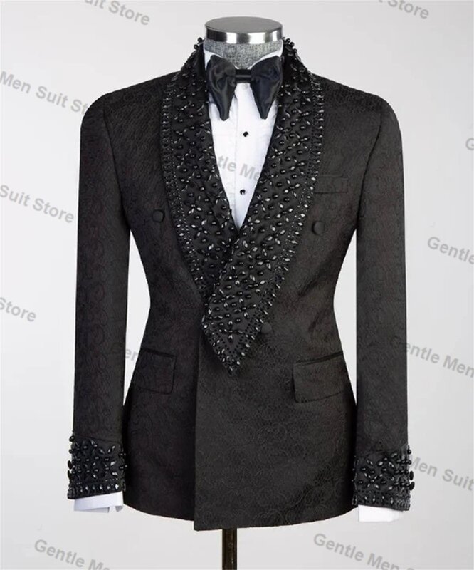 Żakardowy czarny zestaw garnitury męskie 2-częściowy blezer + spodnie bawełniany bal pan młody smoking ślubny płaszcz szyte na miarę formalny strój kurtka biurowa
