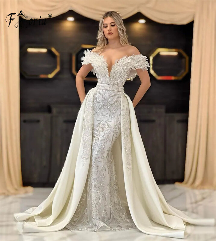 Elegancka, druciana, druciana sukienka wieczorowa z dekoltem w kolorze kości słoniowej, z odpinanym trenem i ramionami, aplikacje 3D suknia na przyjęcie ślubne szaty ślubne