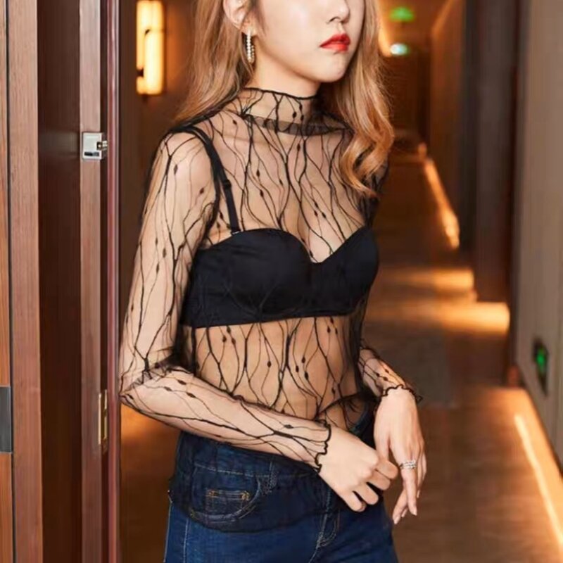 Top sexy de malha preta feminina, perspectiva, manga comprida, blusa de estilinete, estilo coreano, roupas de proteção solar, verão