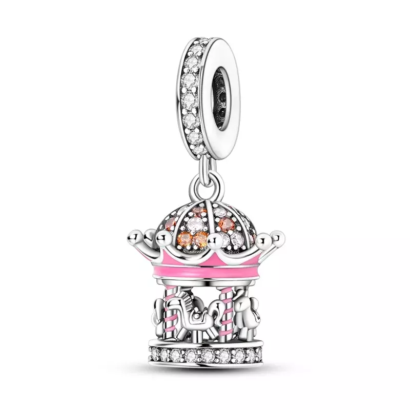 Abalorio de corona de carrusel Rosa de Plata de Ley 925 clásico, compatible con pulsera Pandora, exquisitos accesorios de joyería DIY para mujer
