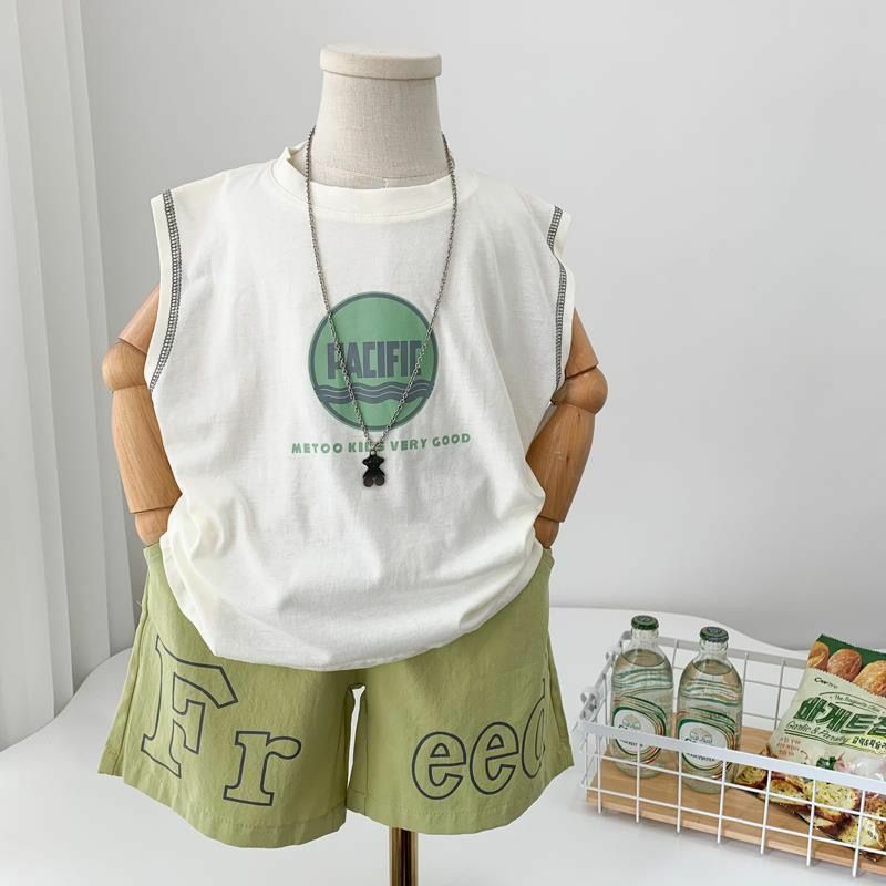 Summer 2024 Infant Baby Boy 2PCS Clothes Set Korean Letter Loose Tank Top Outfit Muslin Thin Print Shorts Toddler Boy Tracksuits