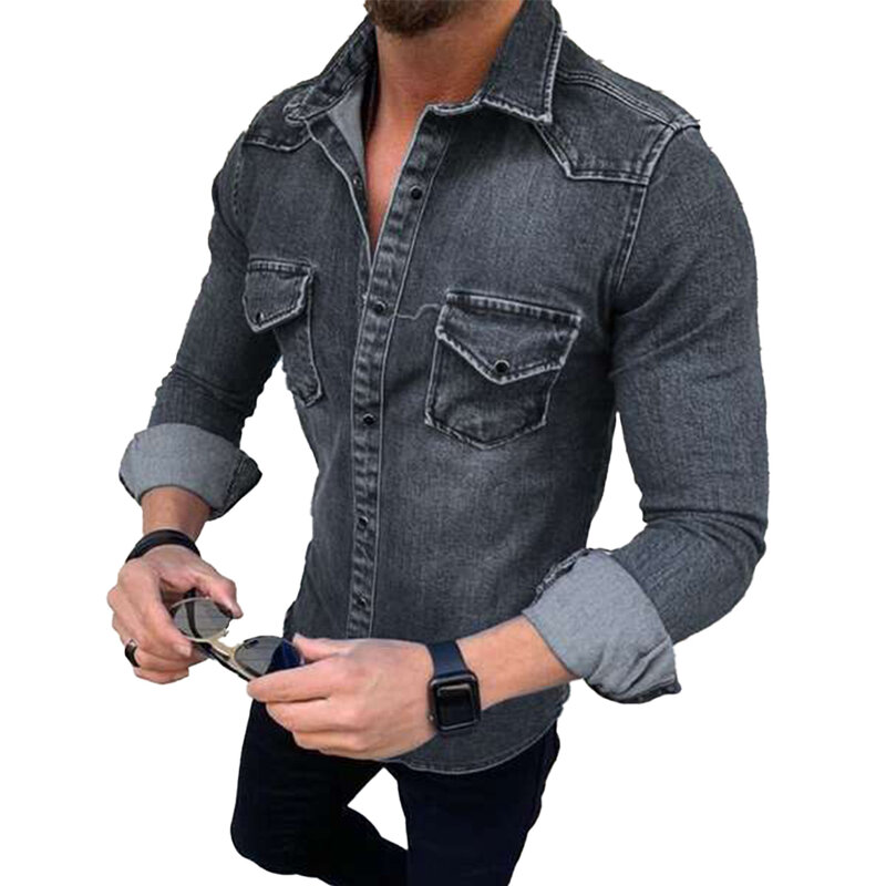 Camisa de manga comprida masculina, bolso no peito, botão Snap Down Tees, camisas masculinas macias, jeans casuais, de alta qualidade, nova moda