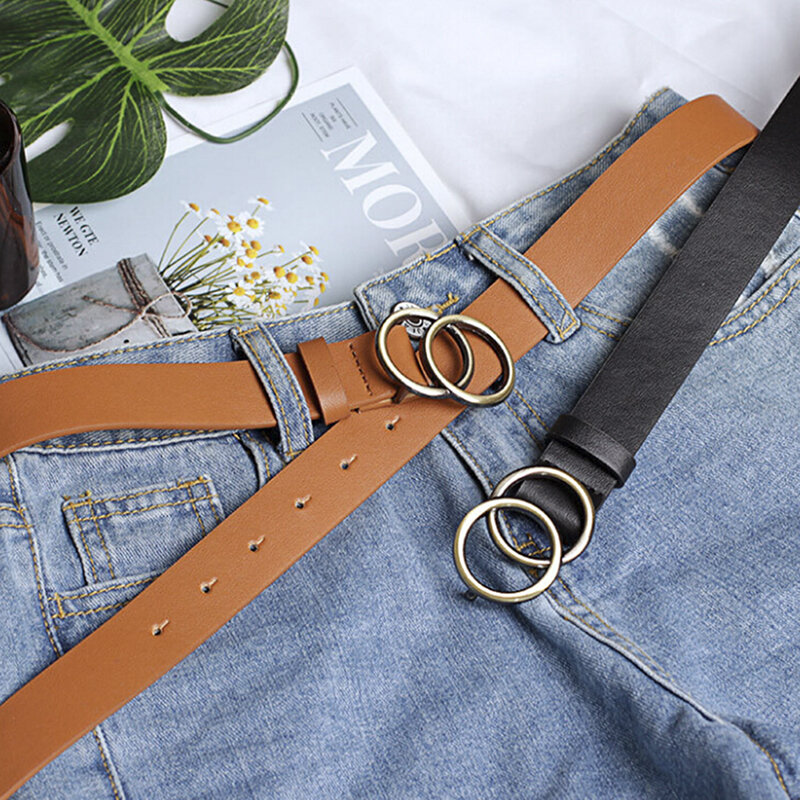 Cinto de couro feminino com anel de metal para jeans, fivela dupla, cintura redonda, cintos elegantes para meninas