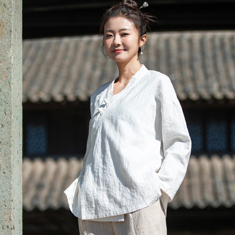 Fato retrô de algodão de linho feminino, blusa manga comprida, roupas zen, estilo chinês, 4 cores, outono
