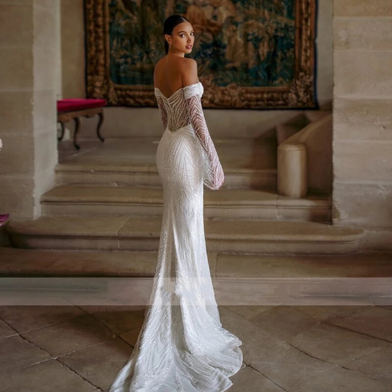 Gaun pernikahan elegan Modern dari bahu gaun pengantin dengan renda kereta lepas pasang applique belahan samping Vestidos De Novia