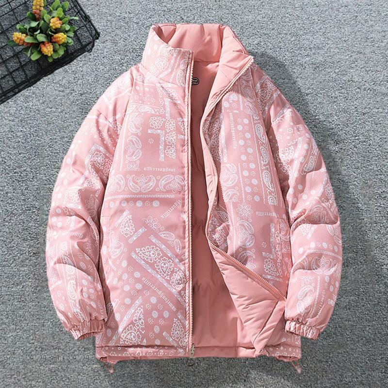 Women's Winter Cotton Coat Thickened Long Sleeves Stand Collar Windproof Warm Pockets Loose Elastic Cuffs Couple Down Jacket