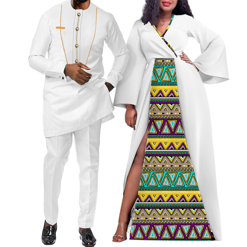 아프리카 커플 매칭 의류, 남성 웨딩 다시키 정장, 상의 바지 복장 및 여성 아프리카 프린트 맥시 파티 드레스