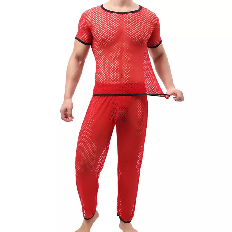 남성용 섹시한 메쉬 시스루 반팔 상의, 하의 속옷 세트, 투명 맨투맨 피쉬넷 티셔츠, 긴 바지 잠옷