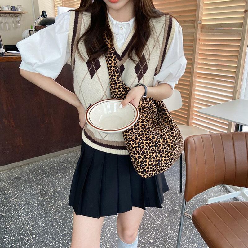 Bolsa mensageiro feminina com estampa leopardo, bolsa de ombro grande com 1 capacidade, lona casual versátil, moda coreana, W6K6