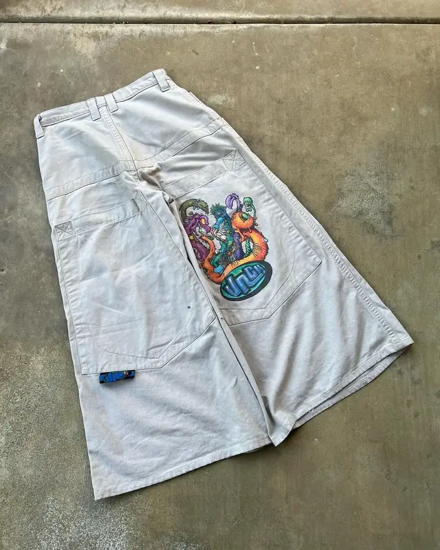 Jnco กางเกงยีนส์พิมพ์ลายการ์ตูนมนุษย์ต่างดาว, กางเกงยีนส์สีขาวโอเวอร์ไซส์มีกระเป๋าสีขาวกางเกงวัฒนธรรมสเก็ตบอร์ด
